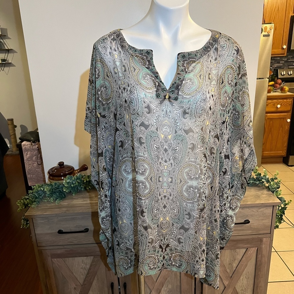 Liz Claiborne semi sheer gray and blue cover up blouse